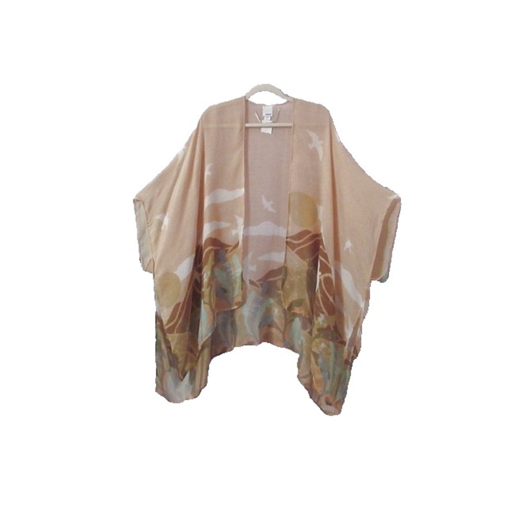 Sunrise Kimono Topper Knit Cardigan Lightweight Floral Birds Mountain Wrap NWT